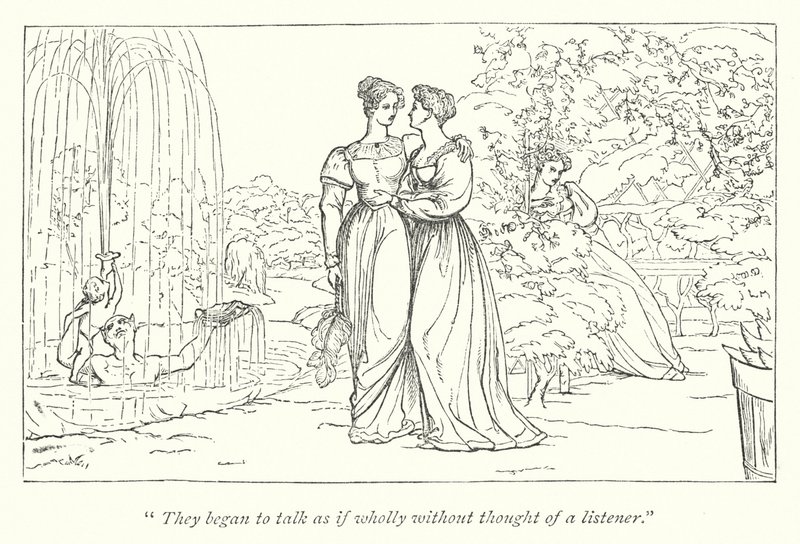 Shakespeares Much Ado About Nothing; Hero och Ursula diskuterar Beatrices karaktär i hennes hörsel av English School