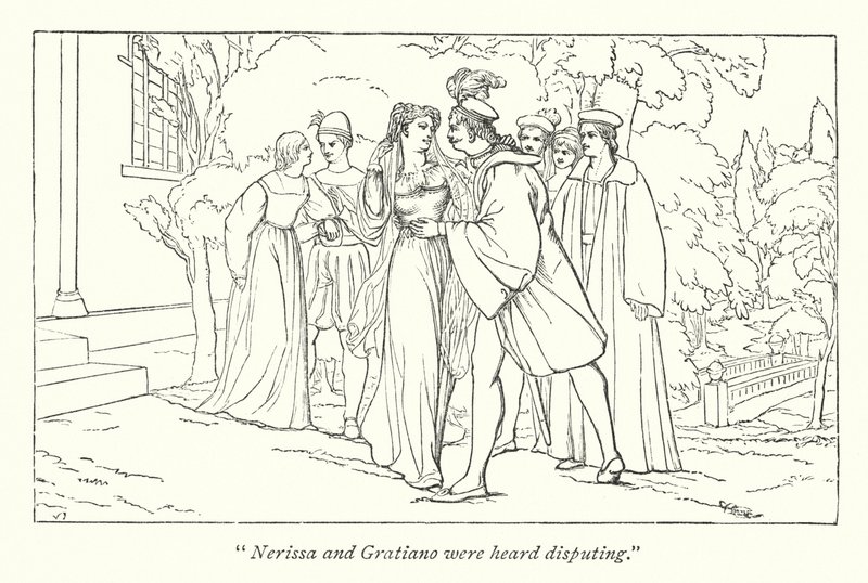 Shakespeares Köpmannen i Venedig; Portia upptäcker sig själv som den låtsades Doctors of Laws (gravyr) av English School