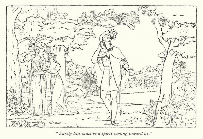 Shakespeares Stormen; Ferdinand ledd av Ariels sång (gravyr) av English School