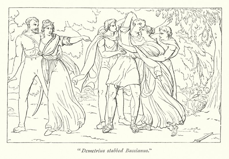 Shakespeares Titus Andronicus; Demetrius, anstiftad av Tamora, mördar Bassianus (gravyr) av English School