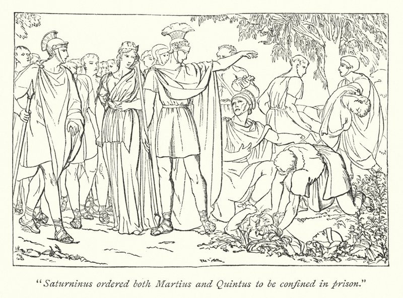 Shakespeares Titus Andronicus; Martius och Quintus arresterade för mordet på Bassianus (gravyr) av English School