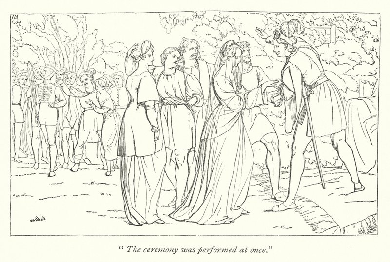 Shakespeares tolfte natt; Orsino tar emot Viola från händerna på sin beskyddare (gravyr) av English School