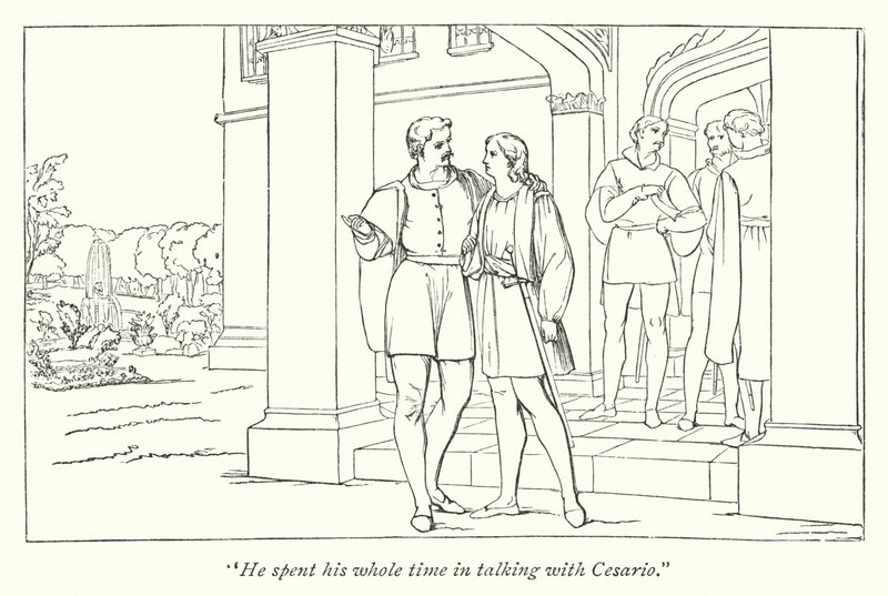 Shakespeares tolfte natt; Orsino skickar Viola till Olivia (gravyr) av English School