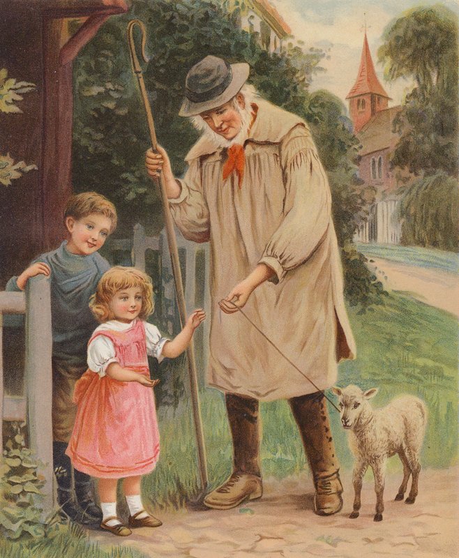 Herde som ger tyglarna till ett lamm till en liten flicka (kromolitho) av English School