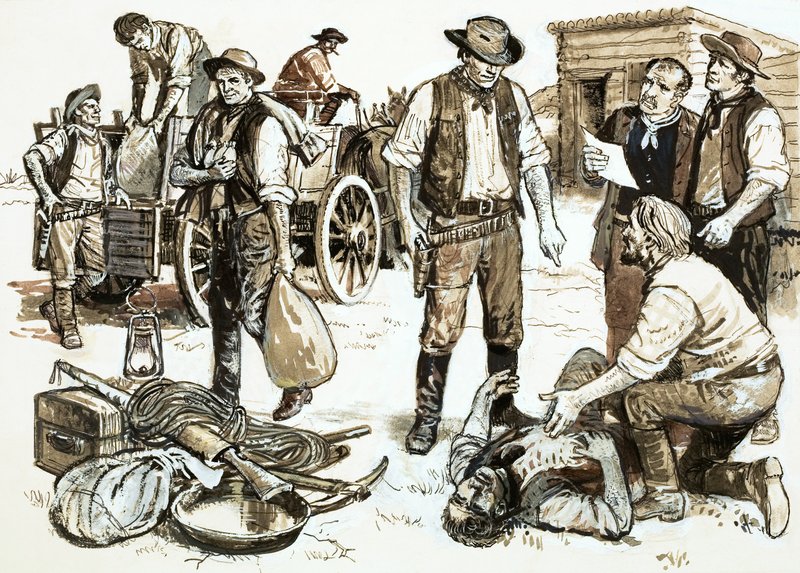 Sheriff Henry Plummer var ansvarig för grossistrån och våld (gouache på papper) av English School