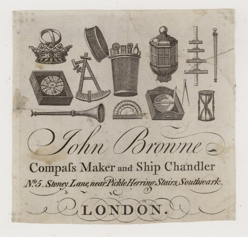 Fartygshandlare, John Browne, handelskort av English School