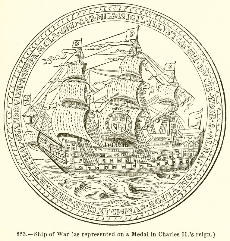 Krigsskepp (som representerat på en medalj under Charles II:s regeringstid) av English School