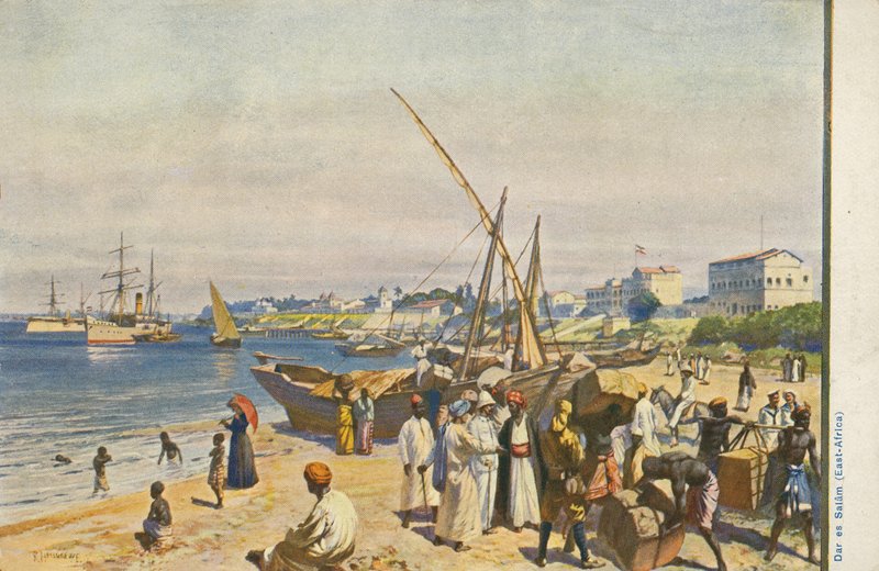 Skepp på stranden, Dar es Salaam, Tanzania (färg litho) av English School