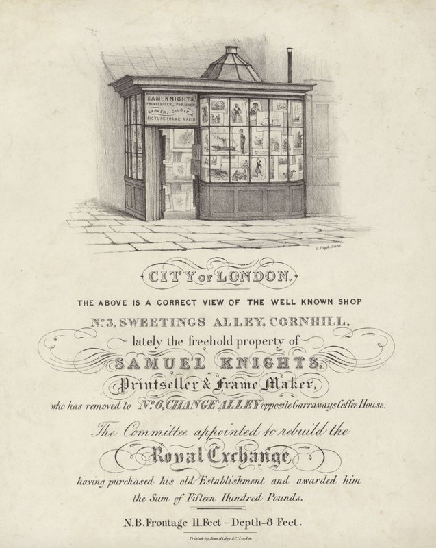 Butik av Samuel Knights, tryckerier och rammakare, 3 Sweetings Alley, Cornhill, City of London av English School