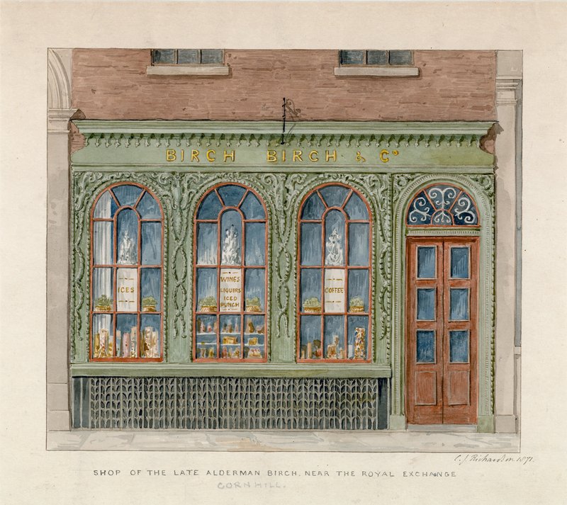 Butik av framlidne rådmannen Björk nära Kungliga Börsen. 1871 (wc på papper) av English School