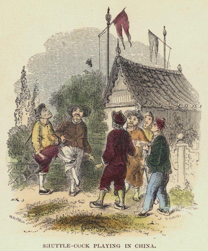 Shuttle-cock leker i Kina (färgad gravyr) av English School