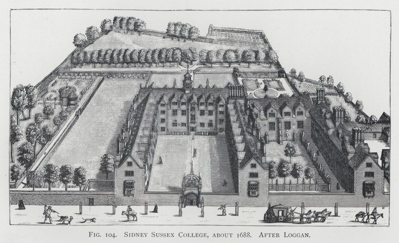 Sidney Sussex College, cirka 1688, efter Loggan (gravyr) av English School