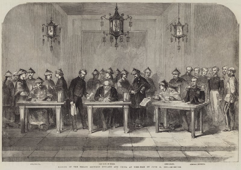 Undertecknande av fördraget mellan England och Kina i Tien-Tsin den 26 juni 1858 (gravyr) av English School