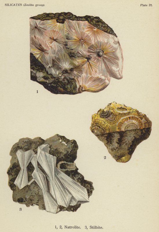 Silikater (zeolitgrupp), natrolit, stilbit (färg litho) av English School