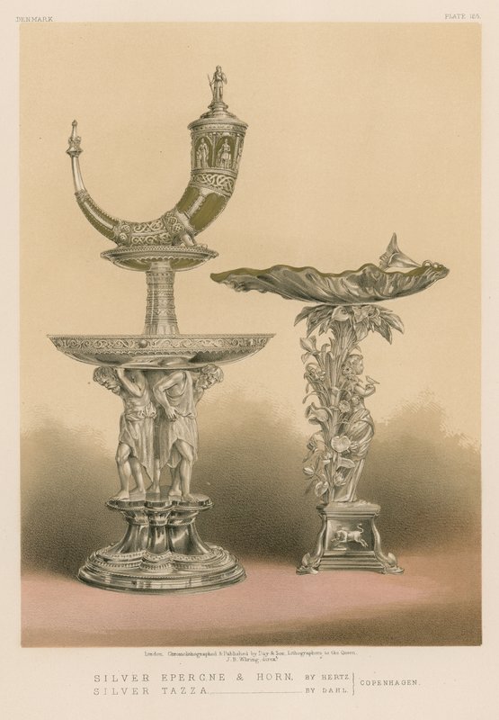 Silver Epergne och Horn av Hertz, Silver Tazza av Dahl, Köpenhamn av English School