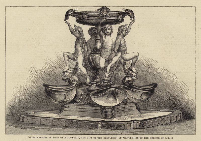Silver Epergne i form av en fontän, gåvan från herrarna i Argyllshire till markisen av Lorne (gravyr) av English School