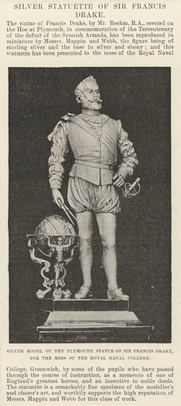 Silvermodell av Plymouth-statyn av Sir Francis Drake, för messen av Royal Naval College (gravyr) av English School
