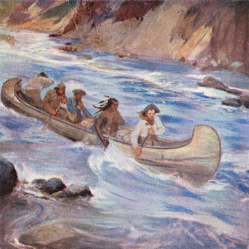 Simon Fraser skjuter forsränning i Fraser River (färglitografi) av English School