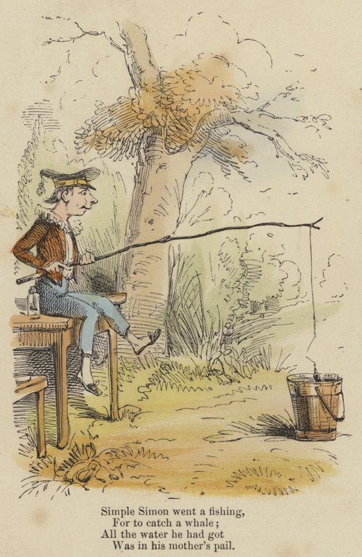 Enkel Simon gick på fiske, För att fånga en val; Allt vatten han hade, låg i sin mors hink (färgad gravyr) av English School