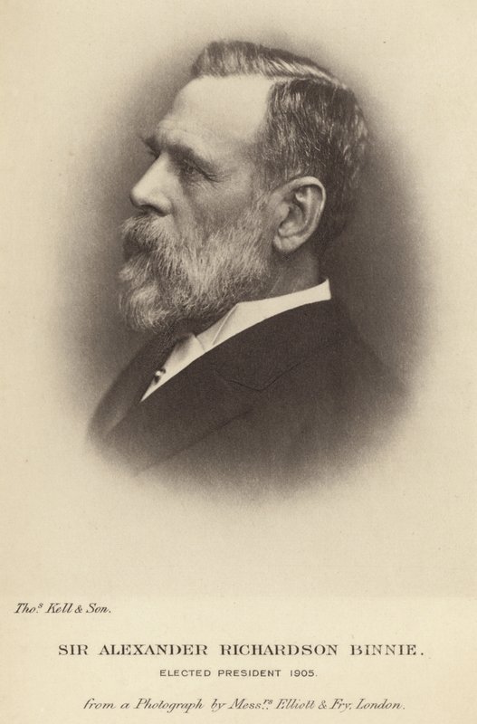 Sir Alexander Richardson Binnie valdes till president för Institution of Civil Engineers 1905 av English School