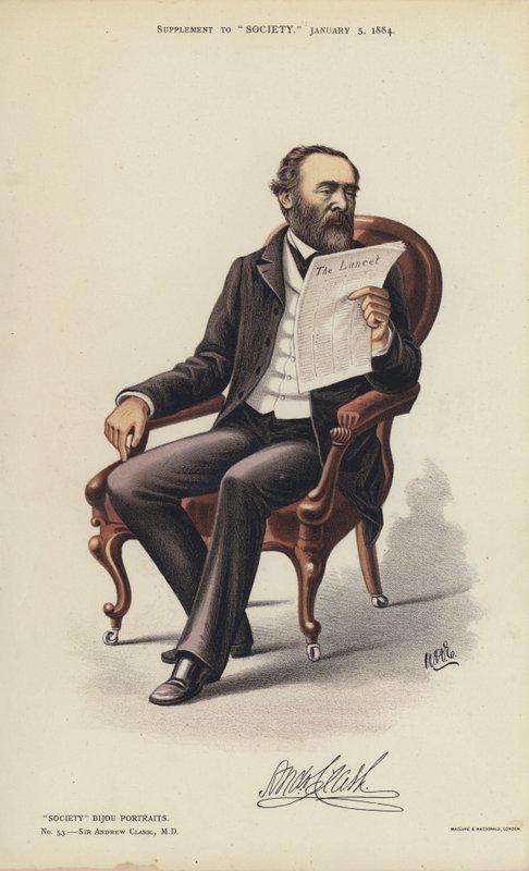 Sir Andrew Clark, MD (färg litho) av English School