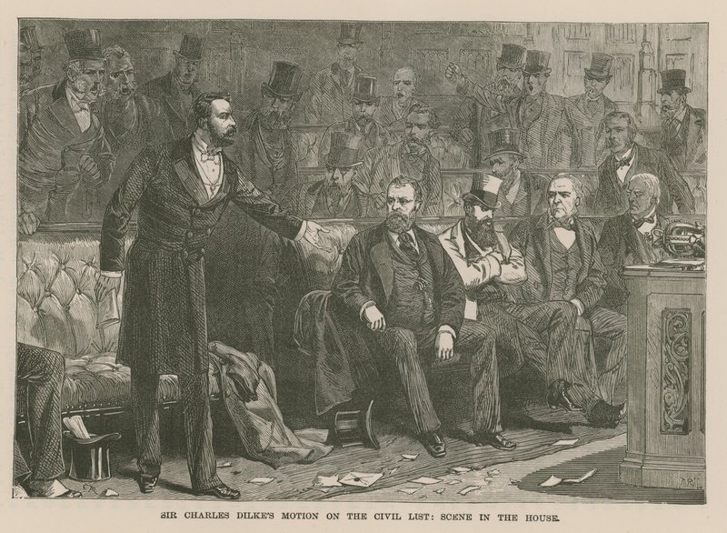 Sir Charles Dilkes motion på Civil List: scen i huset av English School