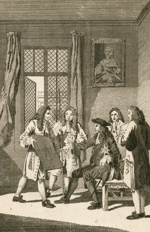 Sir Christopher Wren presenterar för kung Charles II sin plan för att återuppbygga London av English School