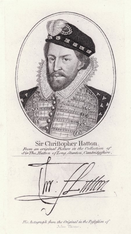 Sir Christopher Hatton, Lord Chancellor of England och favorit hos drottning Elizabeth I (gravyr) av English School