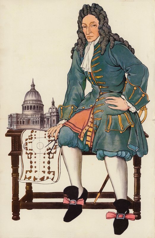 Sir Christopher Wren (färg litho) av English School