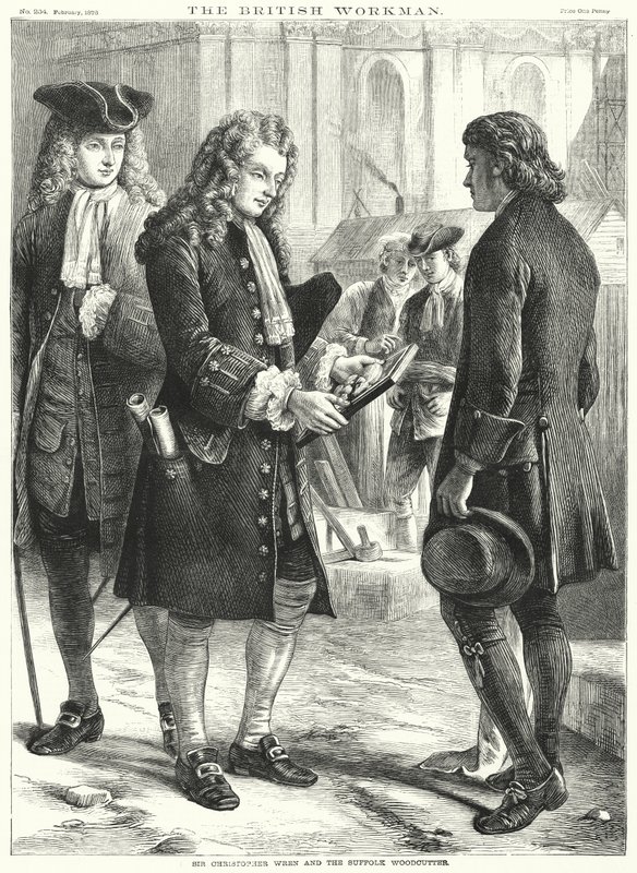 Sir Christopher Wren and the Suffolk Woodcutter (gravyr) av English School
