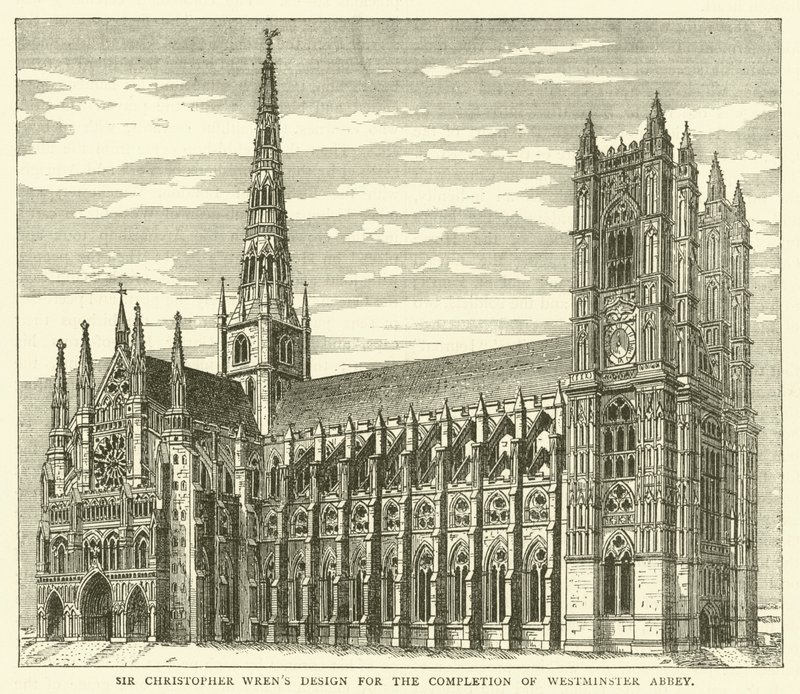 Sir Christopher Wrens design för färdigställandet av Westminster Abbey (gravyr) av English School
