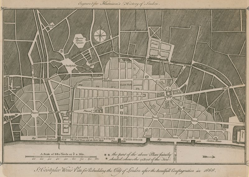 Sir Christopher Wrens planerar att återuppbygga City of London efter den fruktansvärda branden 1666 av English School