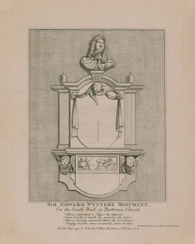 Sir Edward Wynters Monument, på södra muren i Battersea Church av English School
