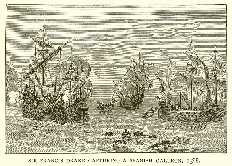 Sir Francis Drake fångar en spansk galjon, 1588 av English School
