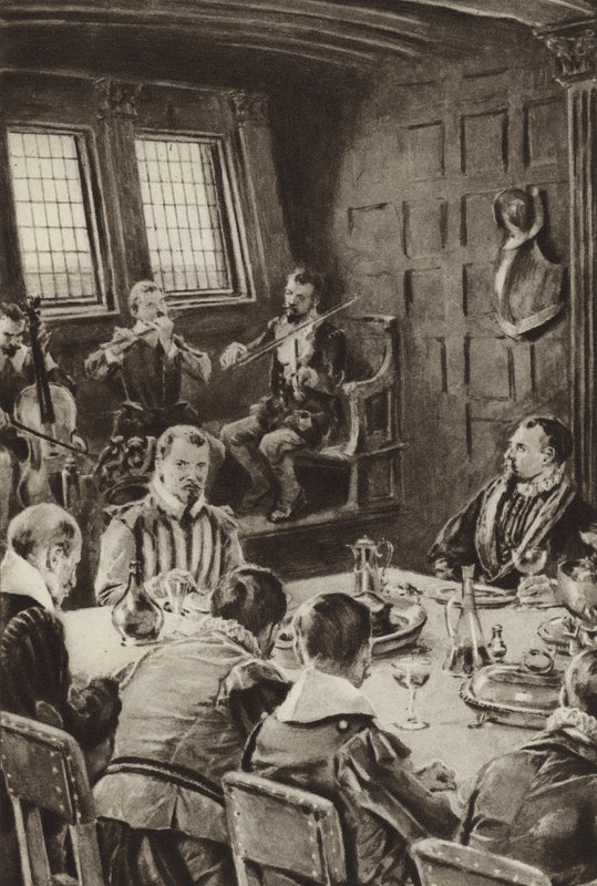 Sir Francis Drake, som äter på The Golden Hind till ljudet av violiner. av English School