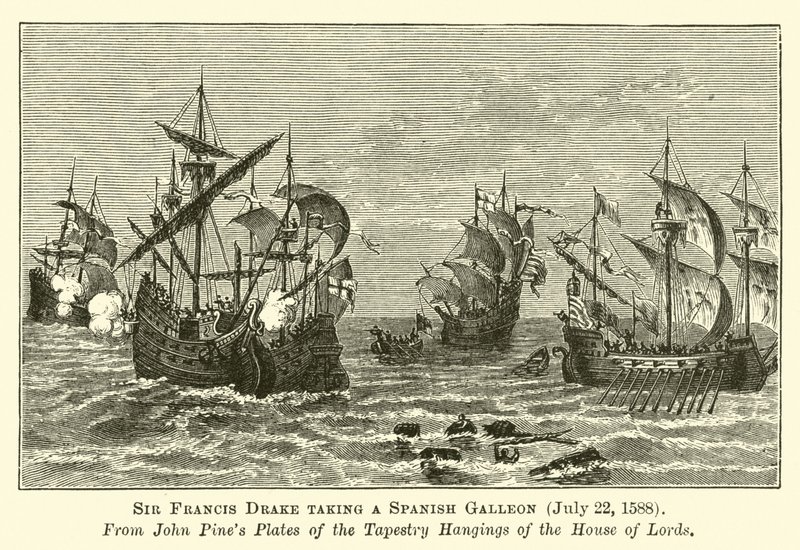 Sir Francis Drake tar en spansk galjon, 22 juli 1588 av English School