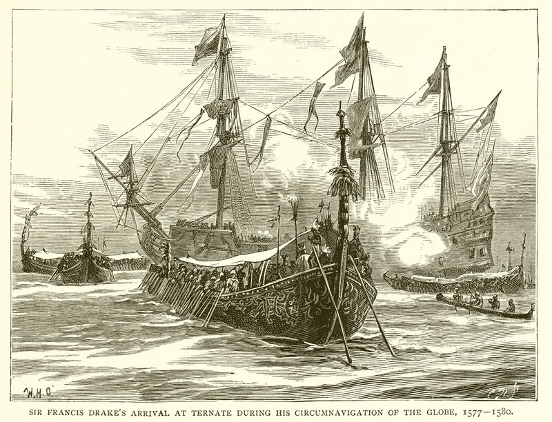 Sir Francis Drakes anlände till Ternate under hans Circumnavigation of the Globe, 1577--1580 av English School