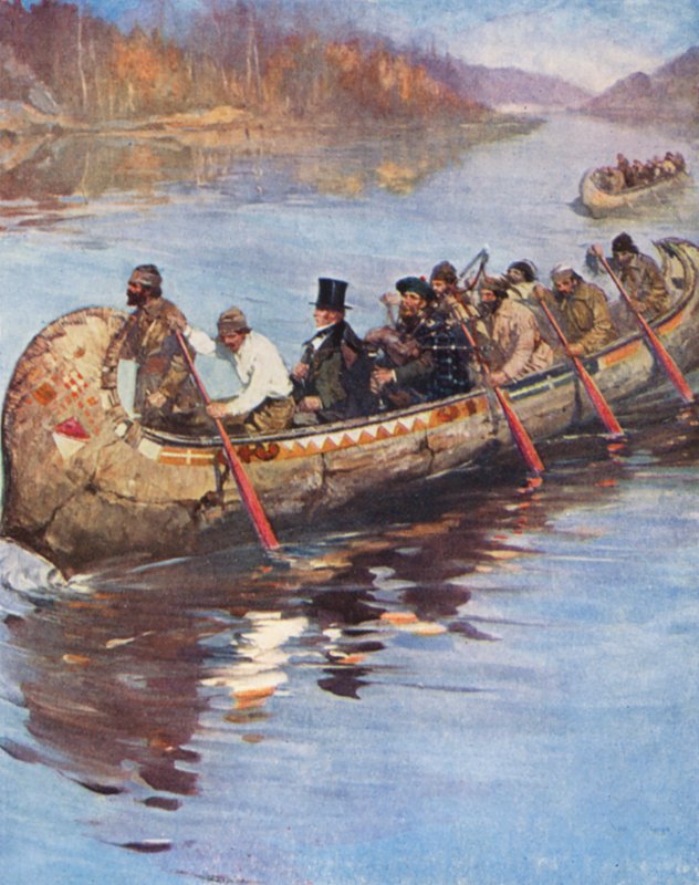 Sir George Simpson på sin inspektionsresa från Hudson Bay till Stillahavskusten (färglitografi) av English School
