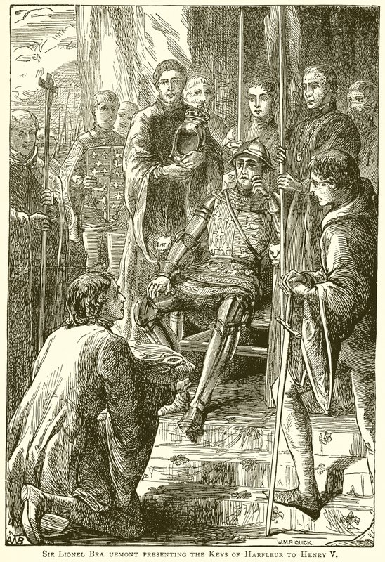 Sir Lionel Bra Uemont presenterar Keys of Harfleur till Henry V av English School