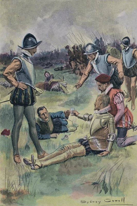 Sir Philip Sidney erbjuder sitt vatten till en annan skadad soldat i slaget vid Zutphen, Nederländerna, 1586 av English School