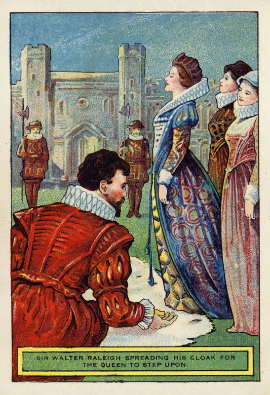 Sir Walter Raleigh sprider sin mantel för drottningen att kliva på av English School