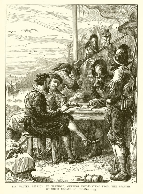 Sir Walter Raleigh på Trinidad, får information från de spanska soldaterna angående Guyana, 1595 av English School