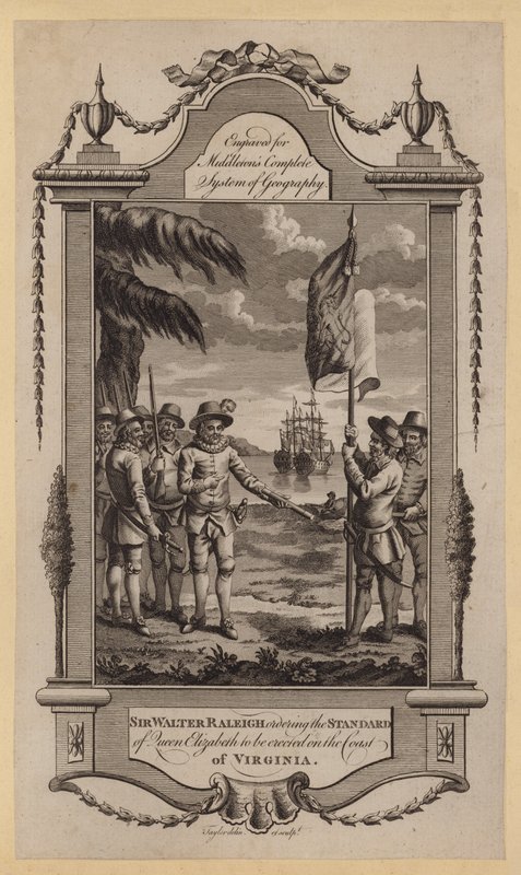 Sir Walter Raleigh beordrar att drottning Elizabeths standard ska uppföras på kusten i Virginia (gravyr) av English School