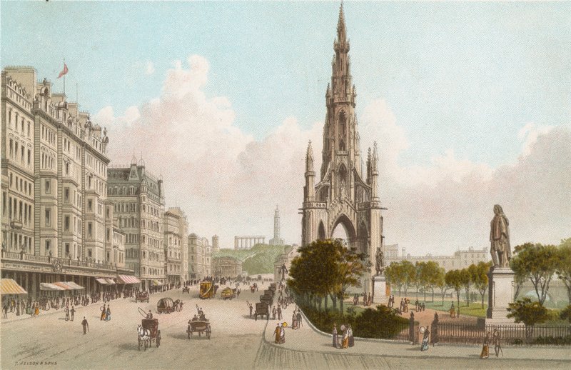 Sir Walter Scotts monument og Princes Street, Edinburgh ons av English School