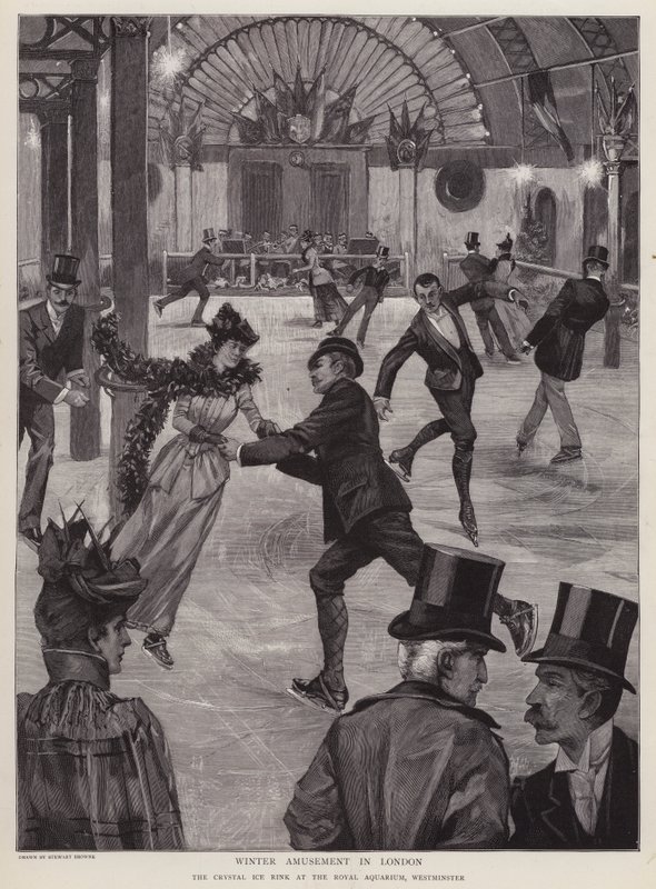 Skridskoåkning på Crystal Ice Rink på Royal Aquarium, Westminster, London (litho) av English School