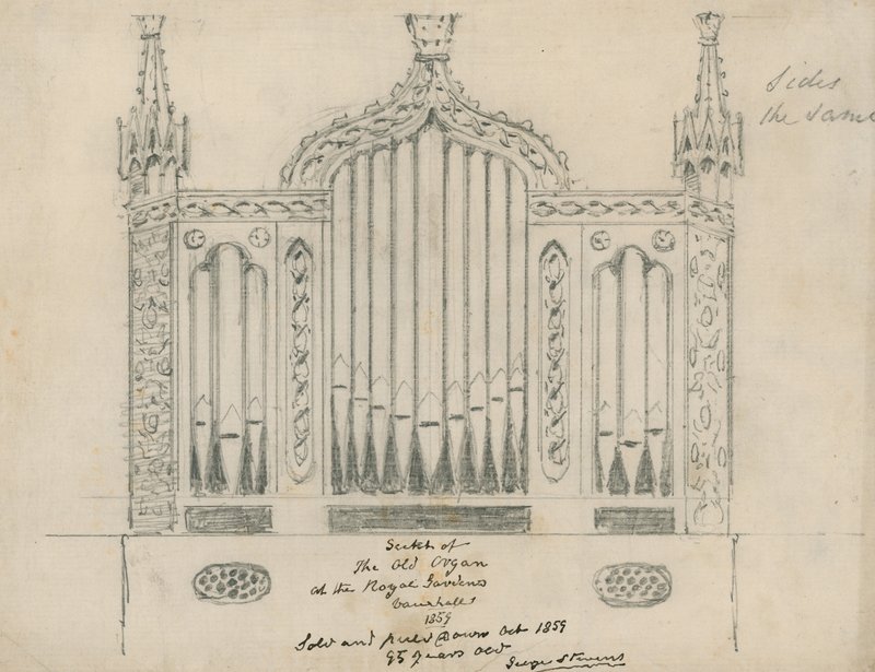 Skiss av den gamla orgeln vid Royal Gardens (Vauxhall Gardens, London) av English School