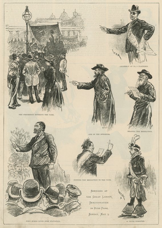 Skisser vid den stora Labour-demonstrationen i Hyde Park, söndagen den 3 maj 1891 av English School