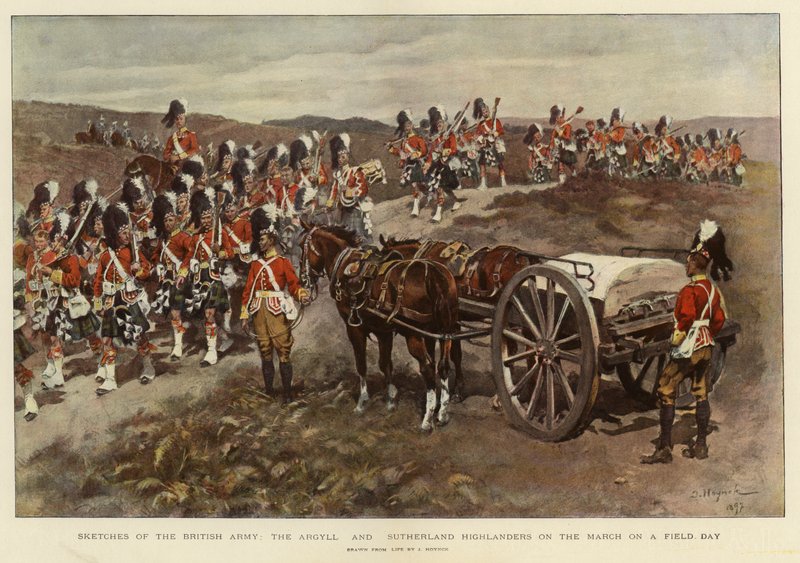 Skisser av den brittiska armén, Argyll and Sutherland Highlanders under marschen på en fältdag (färglitografi) av English School