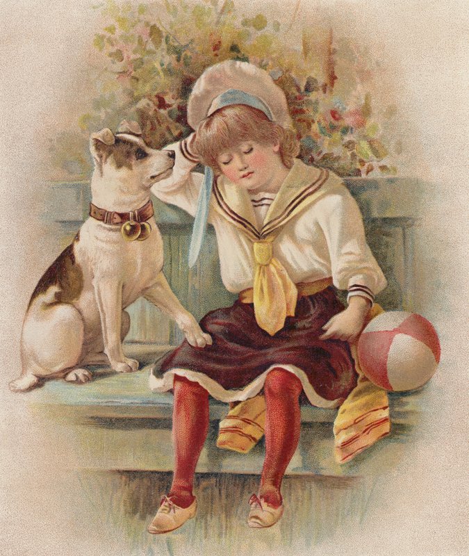 Sovande flicka och hennes hund (chromolitho) av English School