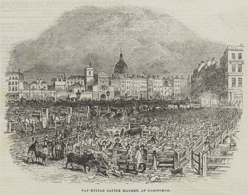 Smithfield Cattle Market, vid jul (gravyr) av English School